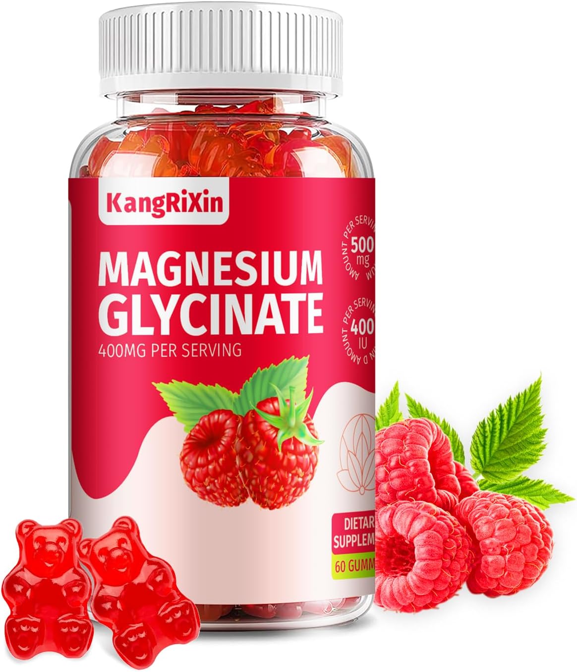 KangRiXin Sugar Free Magnesium Gummies 600mg Raspberry Flavor in a bottle with red raspberry illustrations on white background