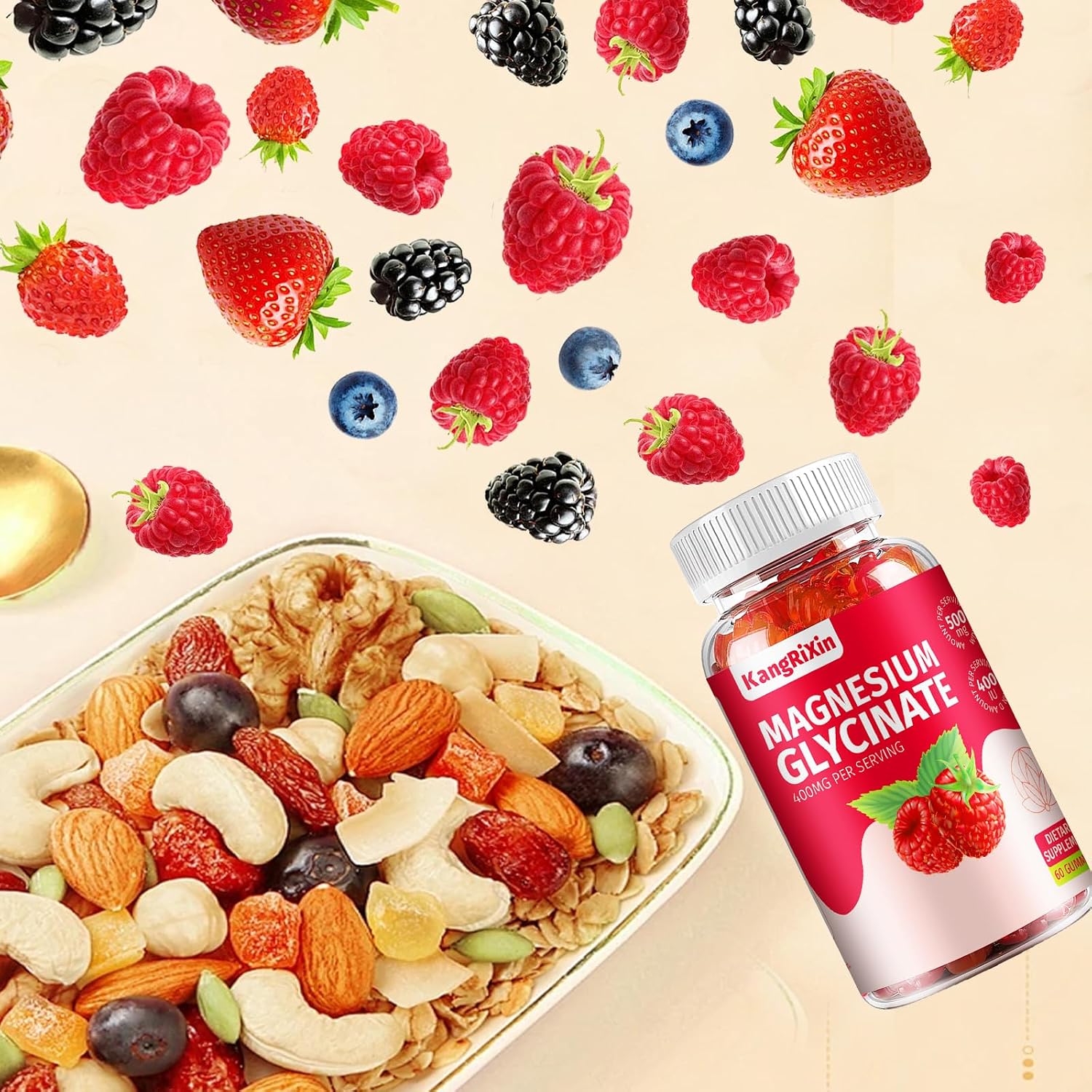 KangRiXin Sugar-Free Magnesium Glycinate Gummies - Raspberry Flavor, Pectin-Based, 60 Count