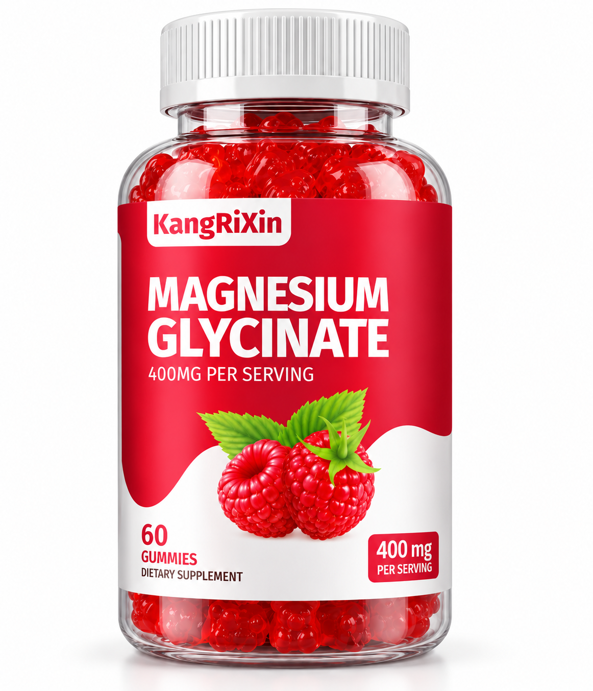 KangRiXin Sugar-Free Magnesium Glycinate Gummies - Raspberry Flavor, Pectin-Based, 60 Count